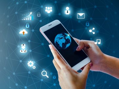 Smart Phones and Globe Connections Uncommon communication world Internet Businesspeople press the phone to communicate in the Internet. Space put message Blue tone